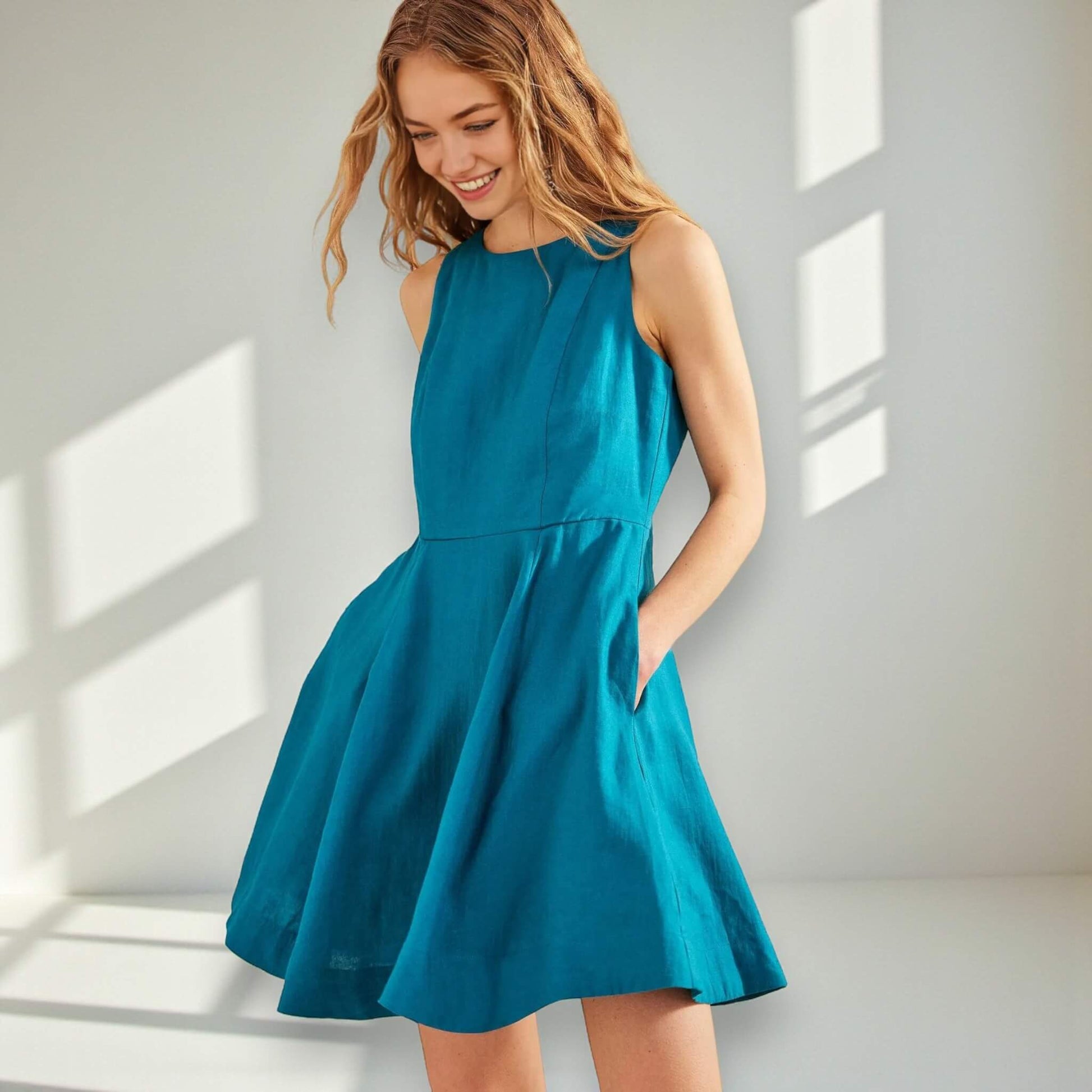 Sleeveless Mini Dress, Boat Neck Linen Mini Dress