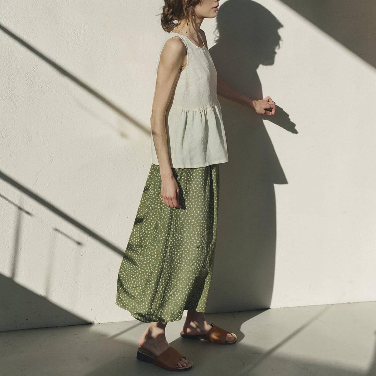 Sleeveless Peplum Linen Top, Gathered Waist