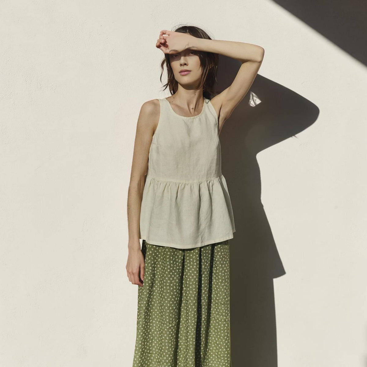 Sleeveless Peplum Linen Top, Gathered Waist