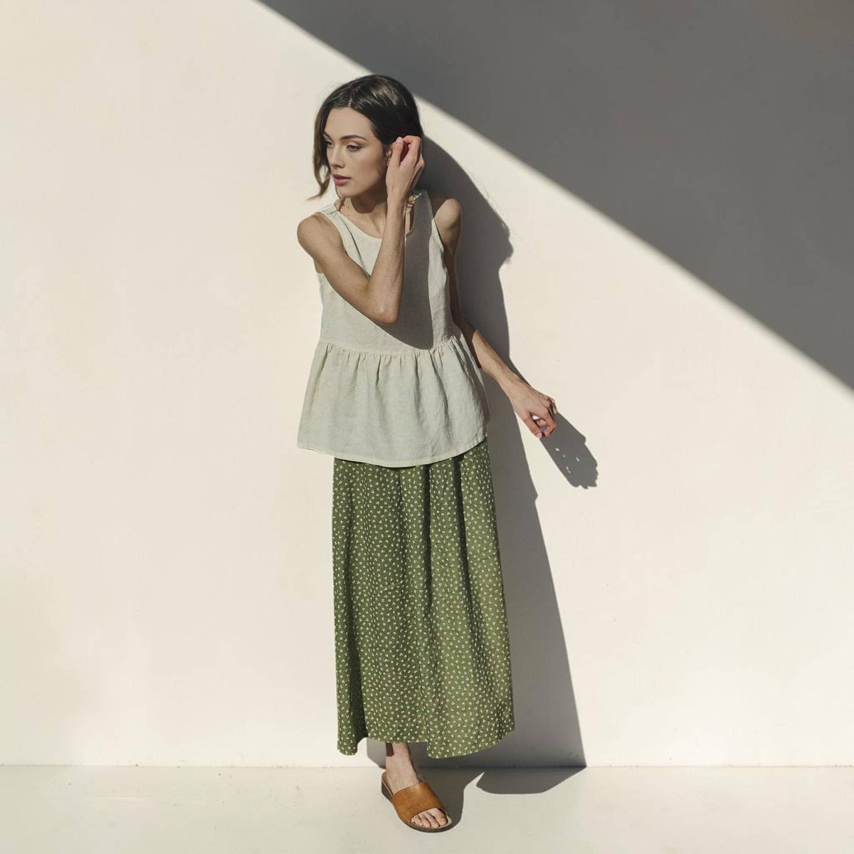 Sleeveless Peplum Linen Top, Gathered Waist