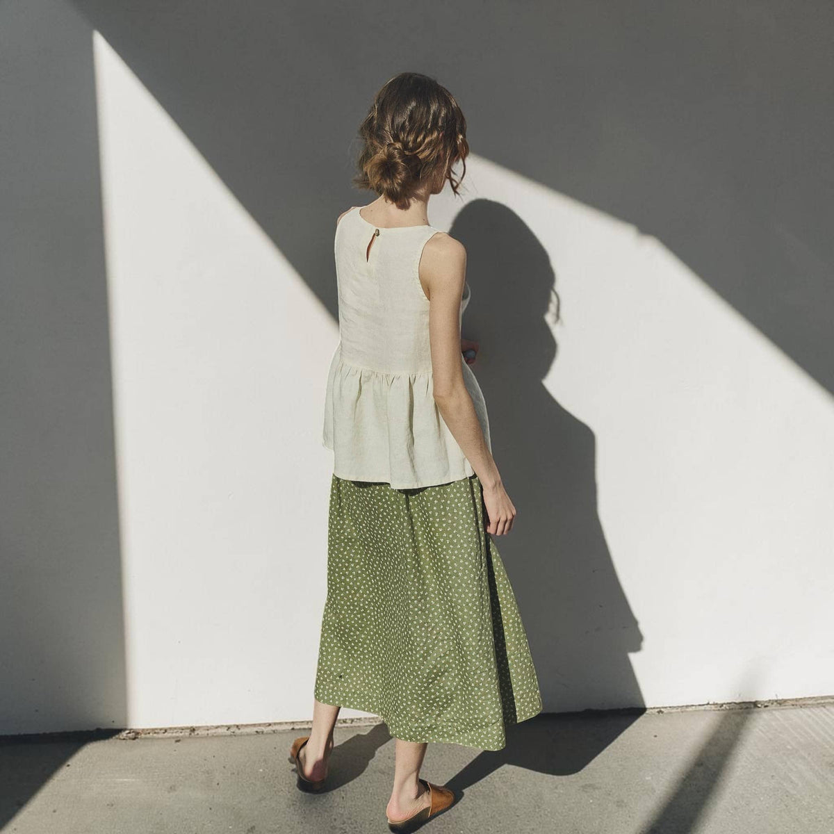 Sleeveless Peplum Linen Top, Gathered Waist