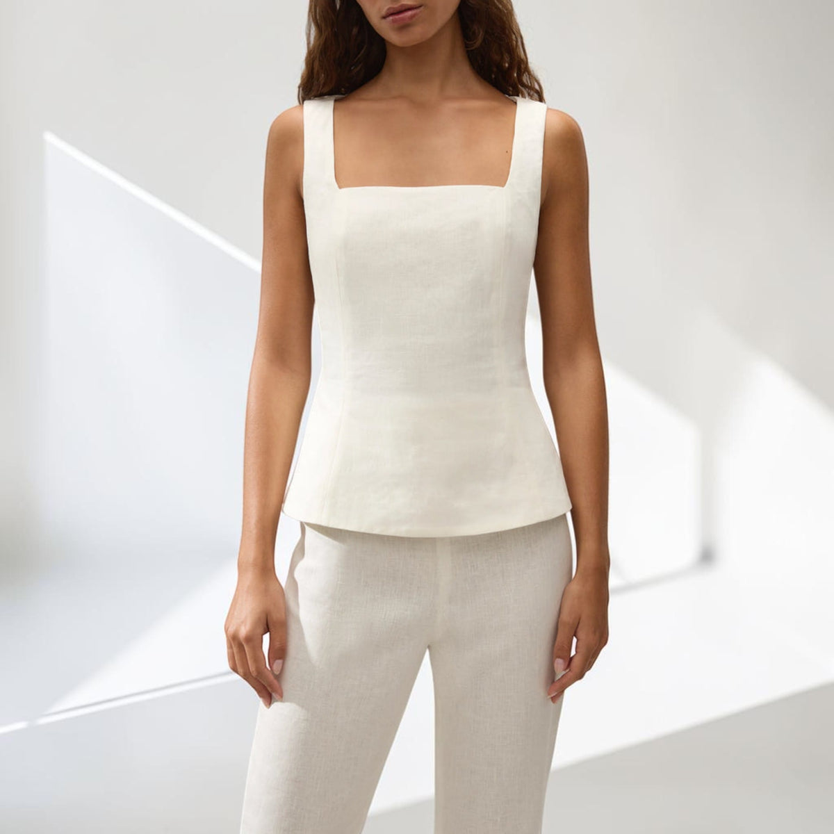 Sleeveless Peplum Linen Top, Square Neck