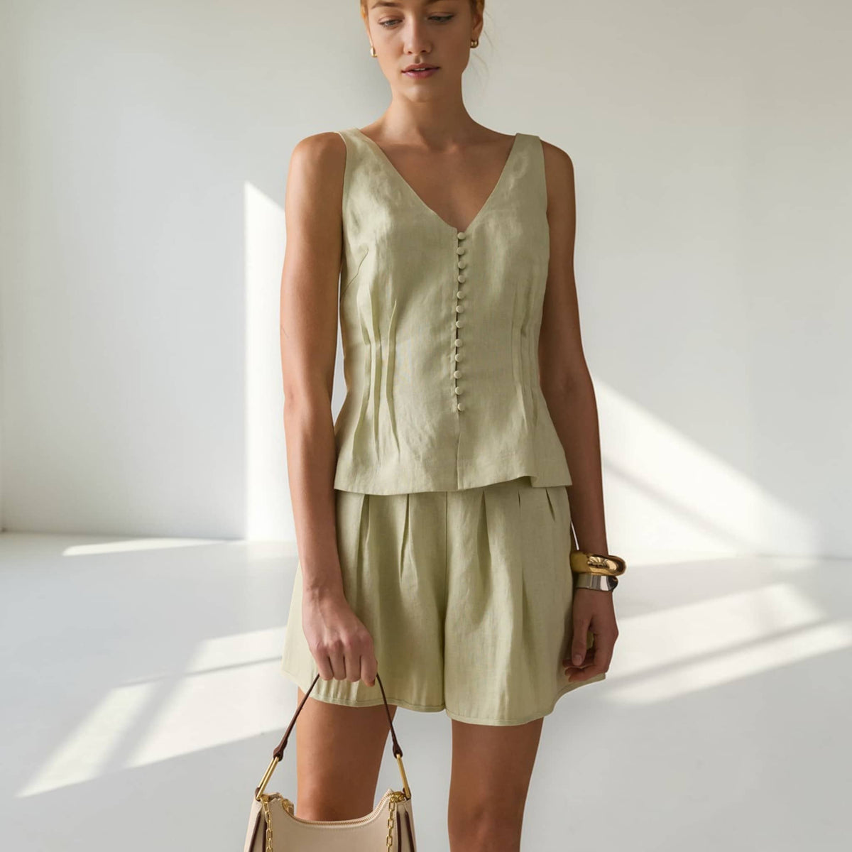 Sleeveless V Neck Linen Top, Button Front Linen Blouse
