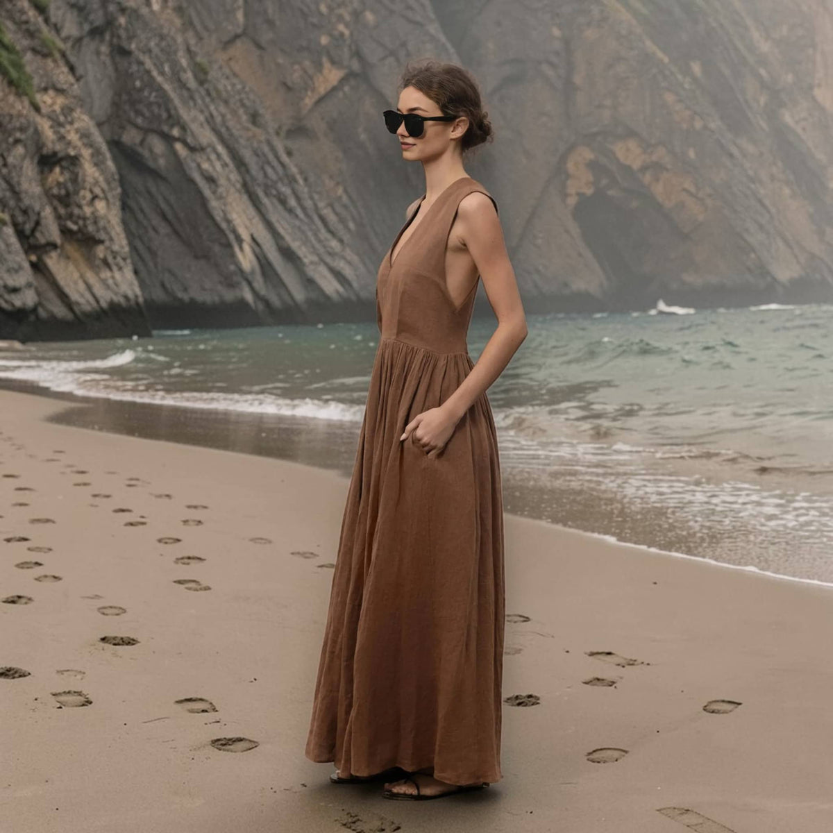 Sleeveless V Neck Maxi Dress, Open Back Linen Long Dress