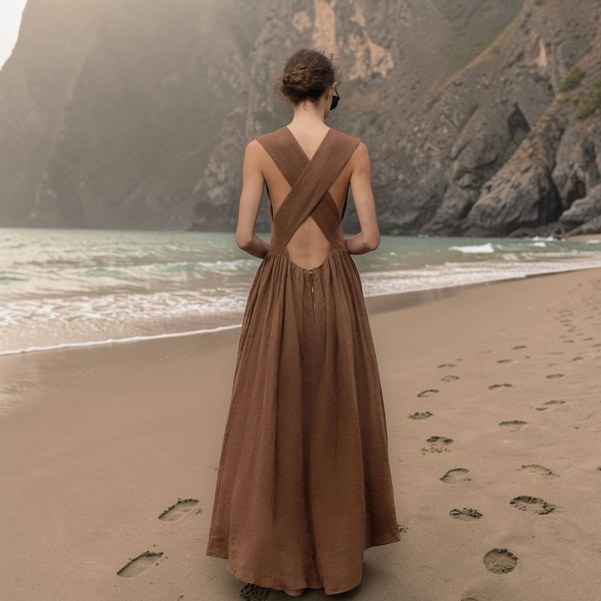 Sleeveless V Neck Maxi Dress, Open Back Linen Long Dress