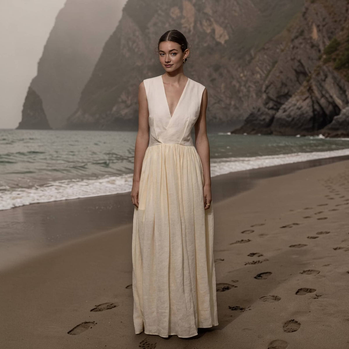 Sleeveless V Neck Maxi Dress, Open Back Linen Long Dress