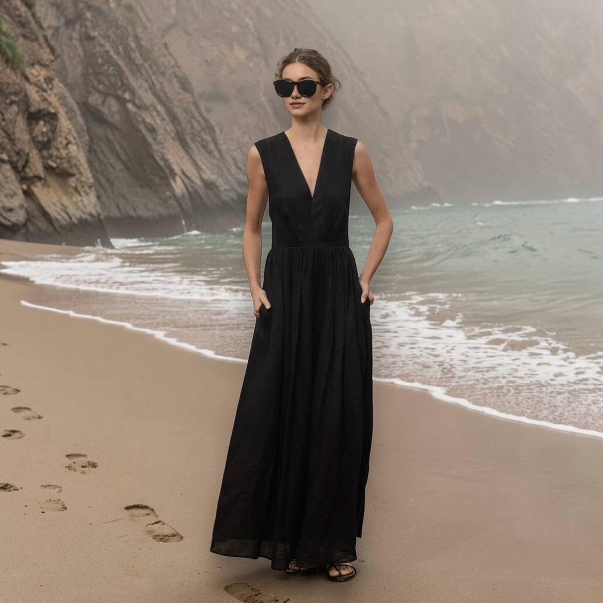 Sleeveless V Neck Maxi Dress, Open Back Linen Long Dress