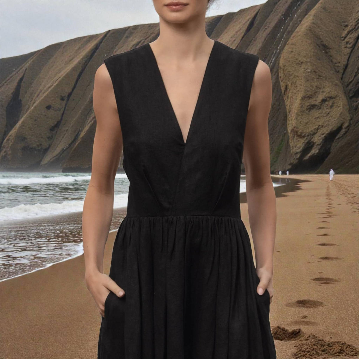 Sleeveless V Neck Maxi Dress, Open Back Linen Long Dress