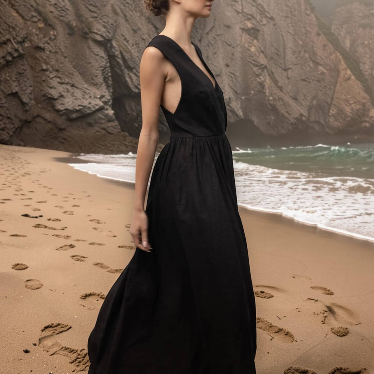 Sleeveless V Neck Maxi Dress, Open Back Linen Long Dress
