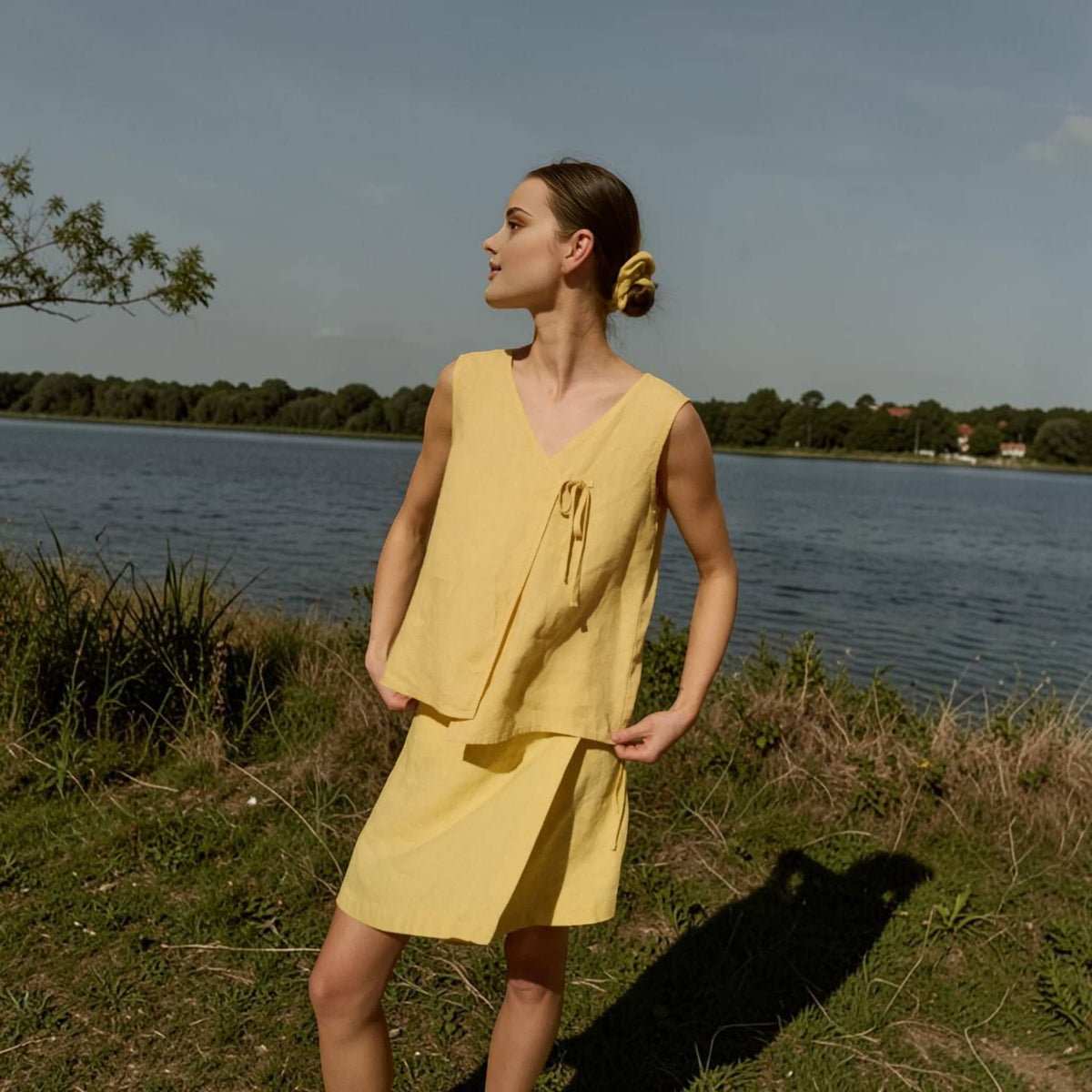 Sleeveless Wrap Linen Top, V Neck Side Tie