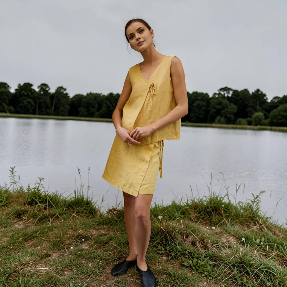 Sleeveless Wrap Linen Top, V Neck Side Tie