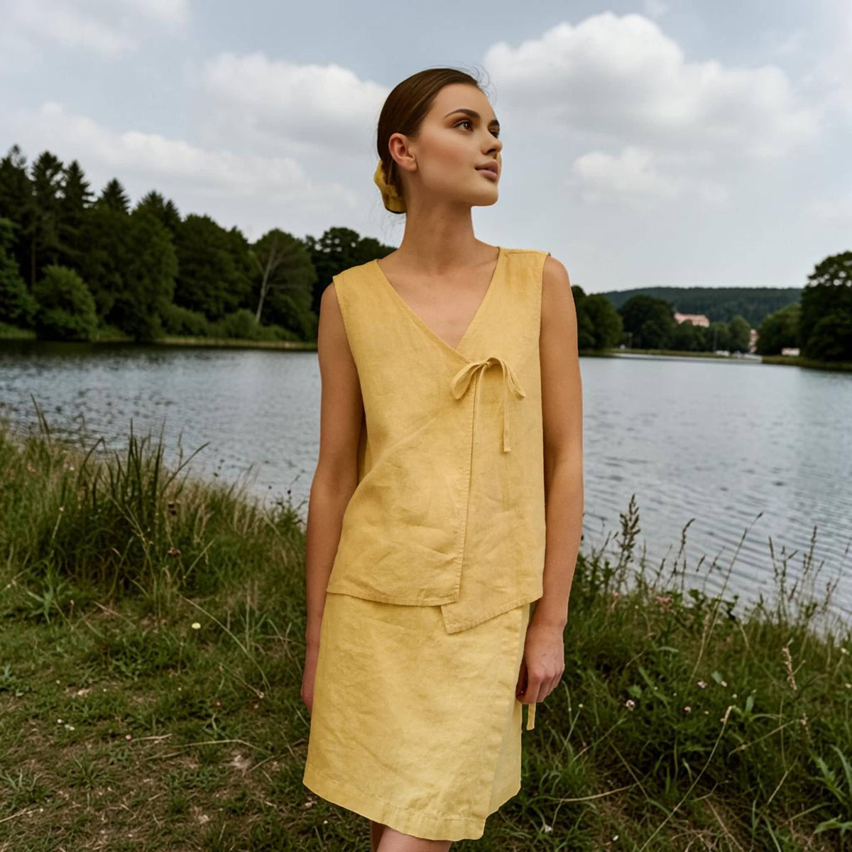 Sleeveless Wrap Linen Top, V Neck Side Tie