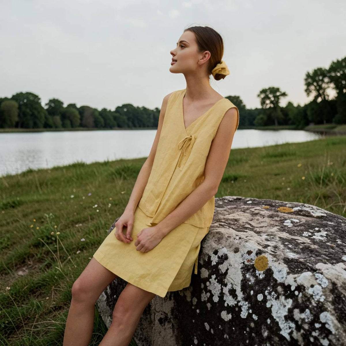 Sleeveless Wrap Linen Top, V Neck Side Tie