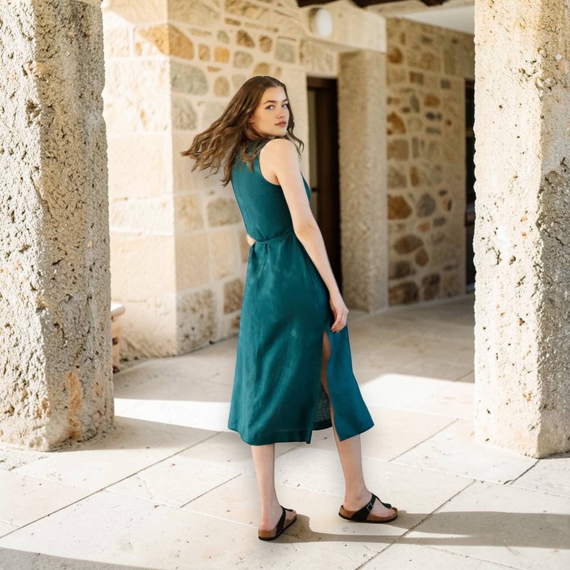 Sleeveless Wrap Midi Dress, V Neck Linen Midi Dress