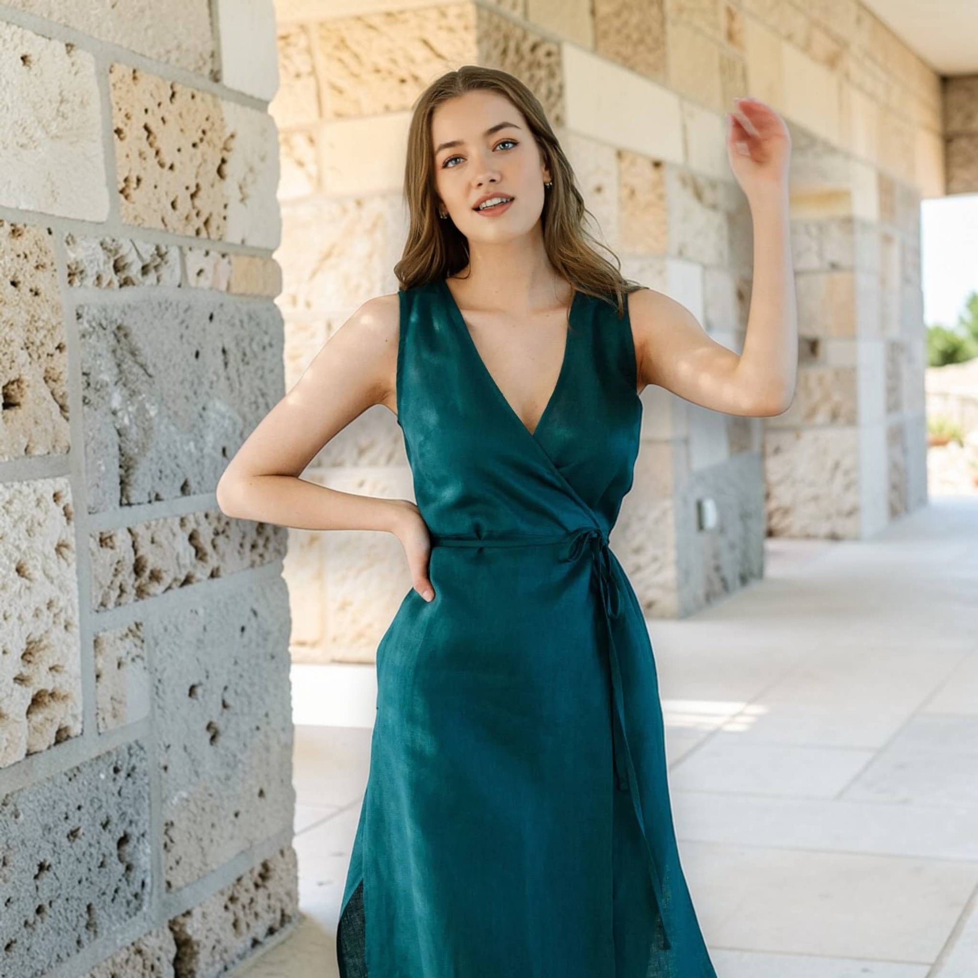 Sleeveless Wrap Midi Dress, V Neck Linen Midi Dress