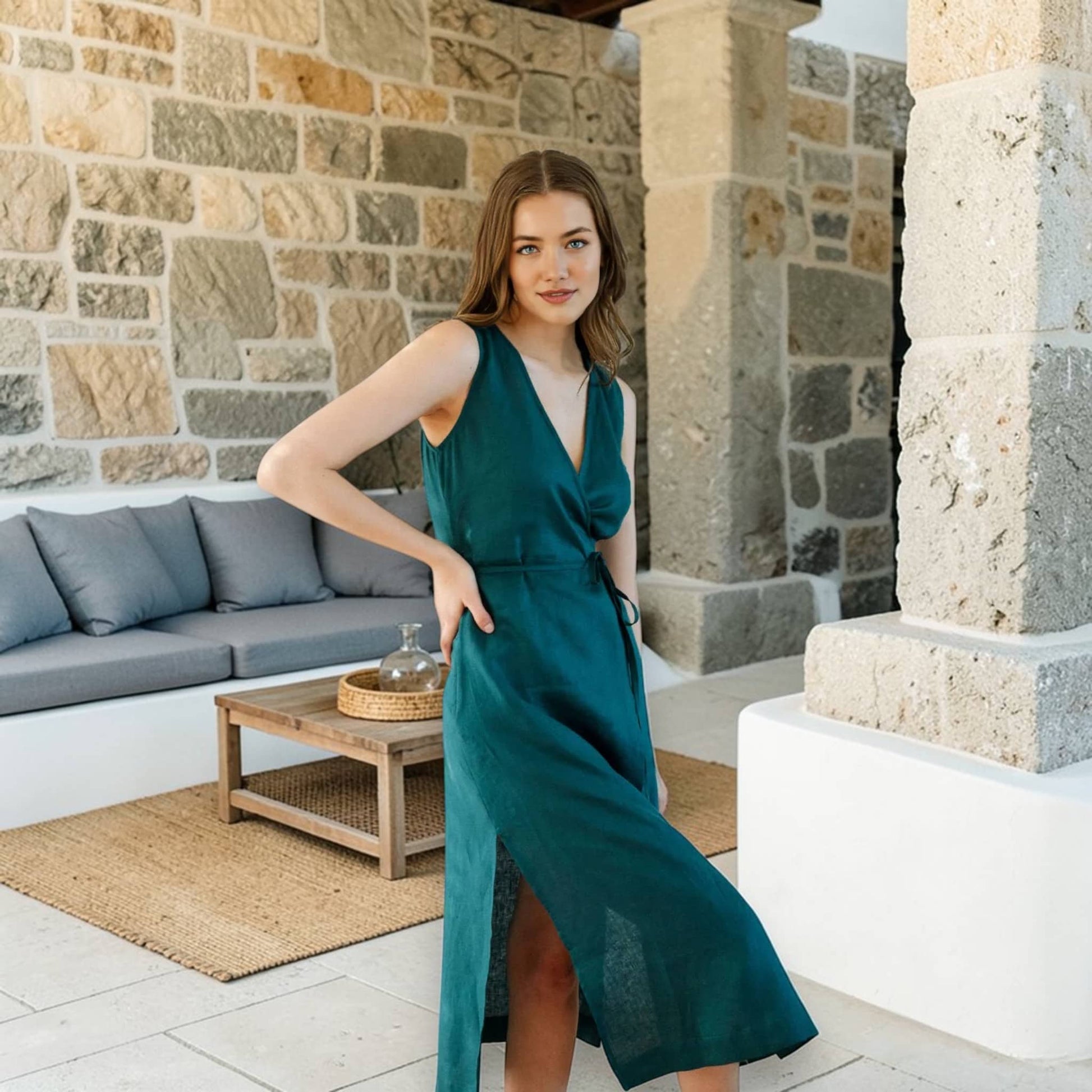 Sleeveless Wrap Midi Dress, V Neck Linen Midi Dress