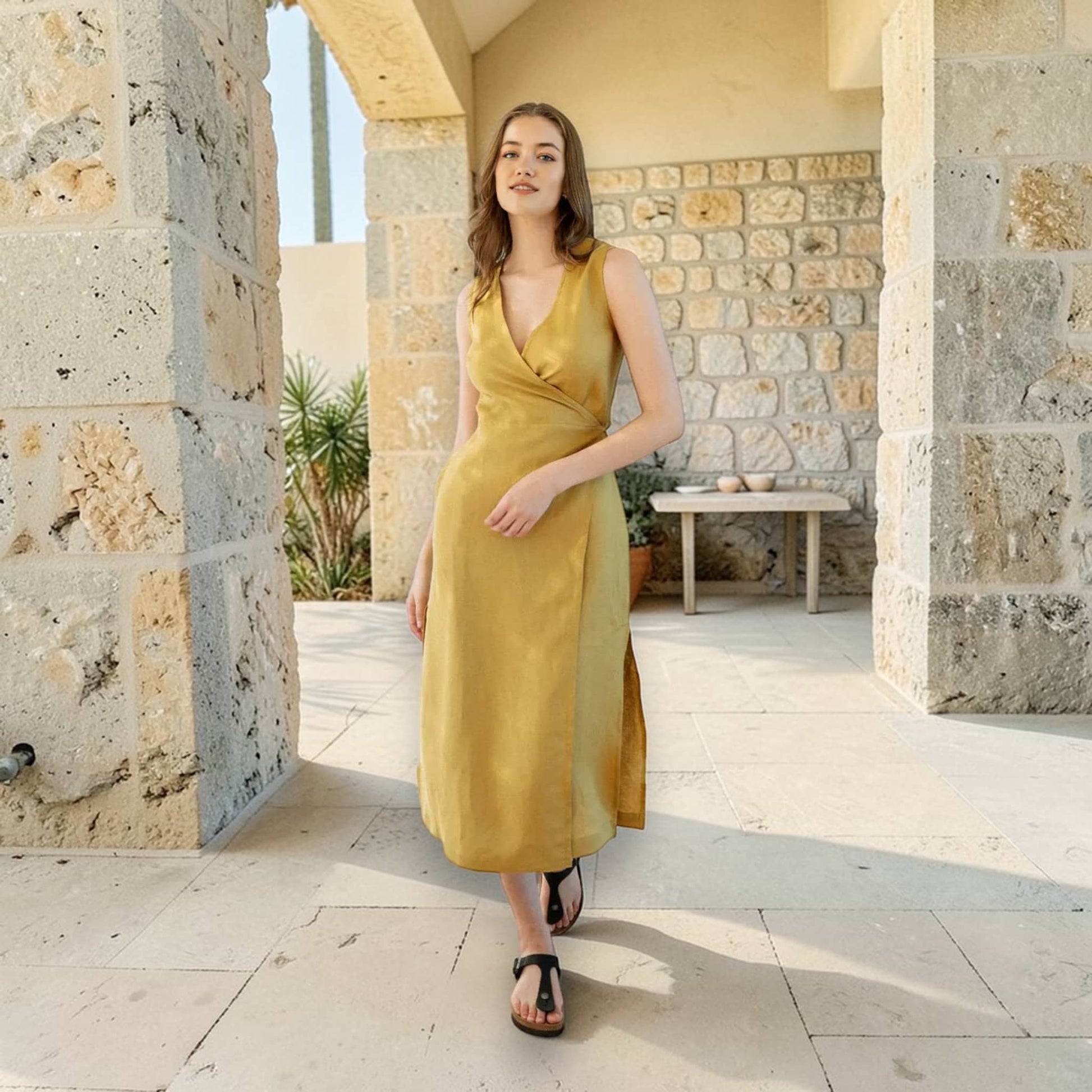Sleeveless Wrap Midi Dress, V Neck Linen Midi Dress