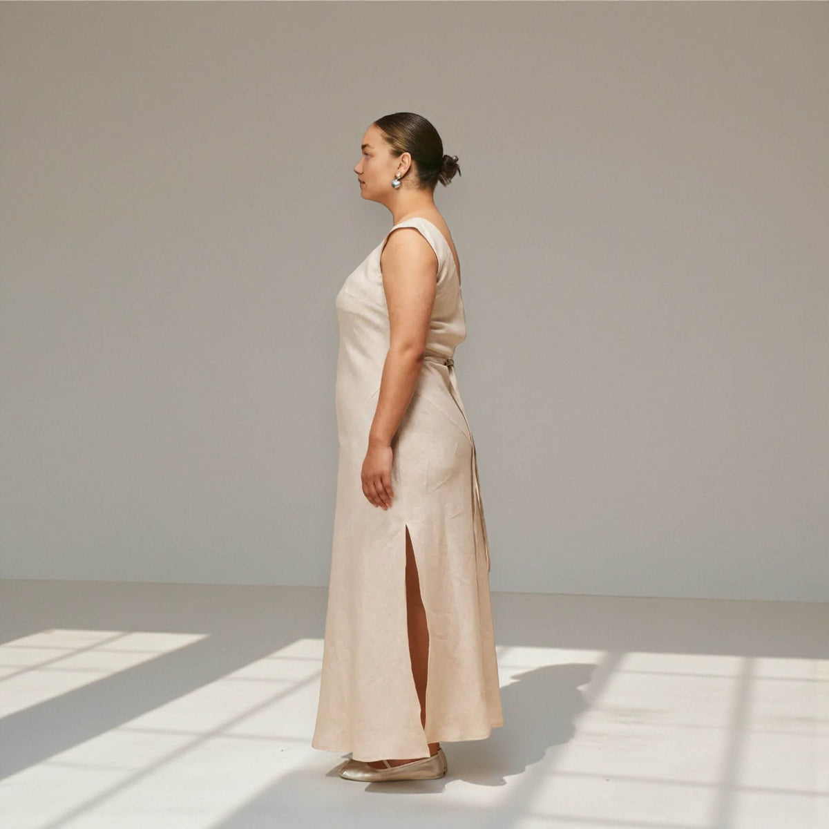 Slit Linen Maxi Dress, Scoop Neck Maxi Dress