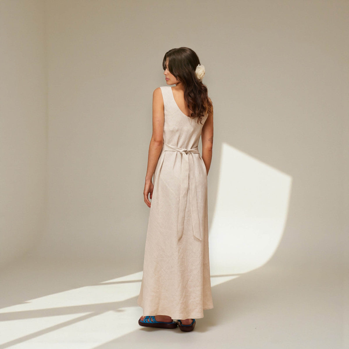 Slit Linen Maxi Dress, Scoop Neck Maxi Dress