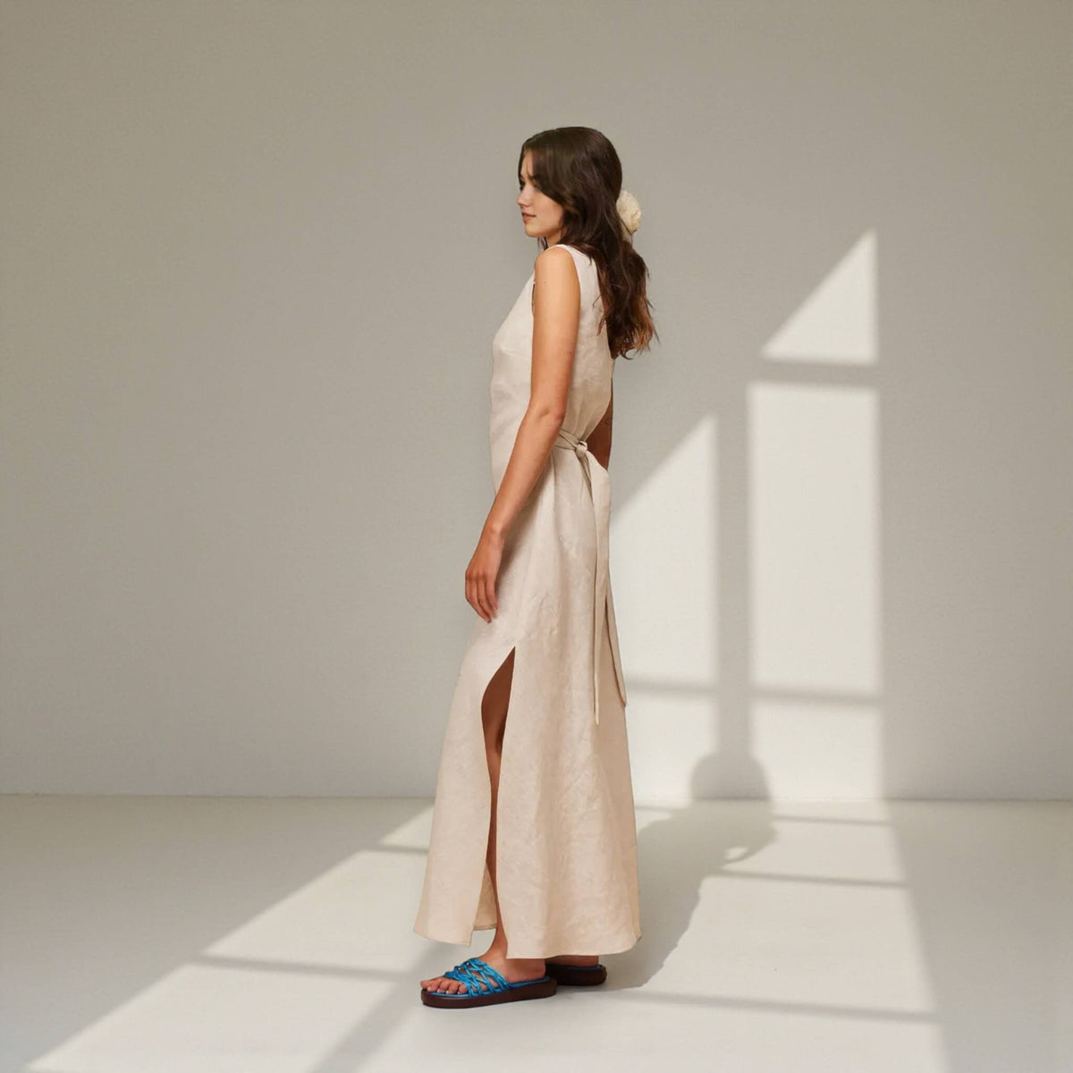 Slit Linen Maxi Dress, Scoop Neck Maxi Dress