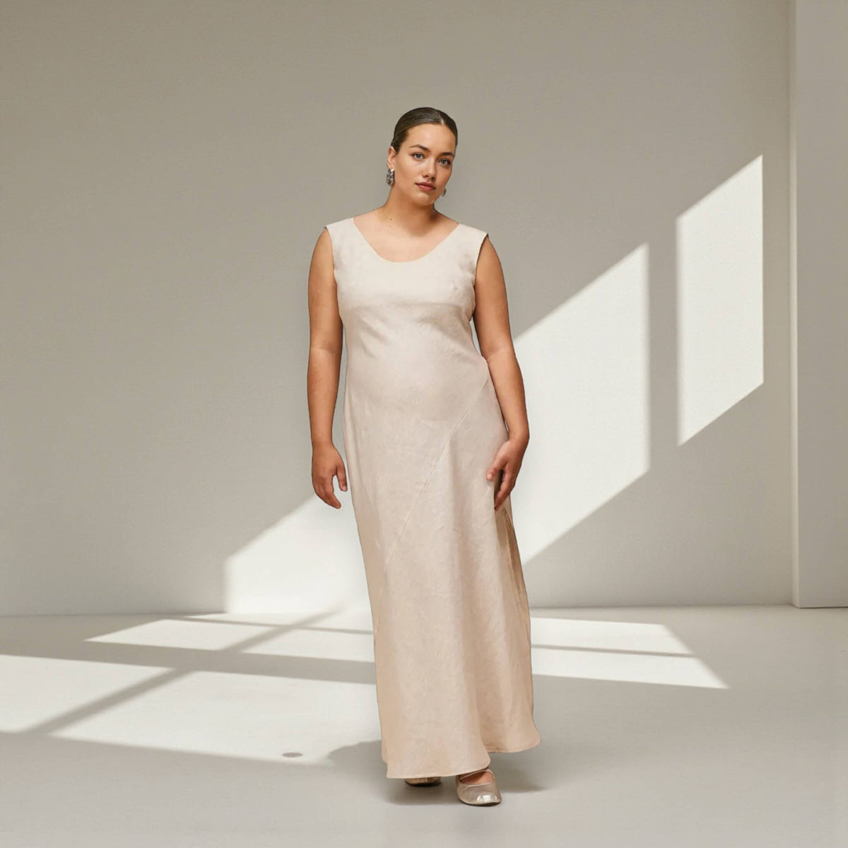 Slit Linen Maxi Dress, Scoop Neck Maxi Dress