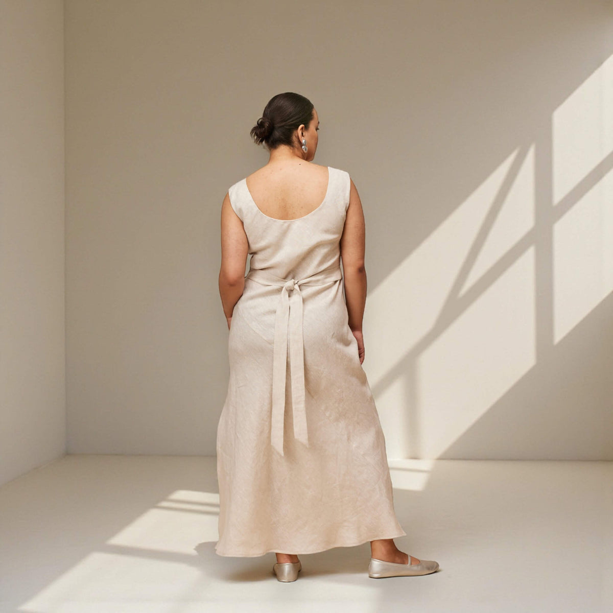 Slit Linen Maxi Dress, Scoop Neck Maxi Dress
