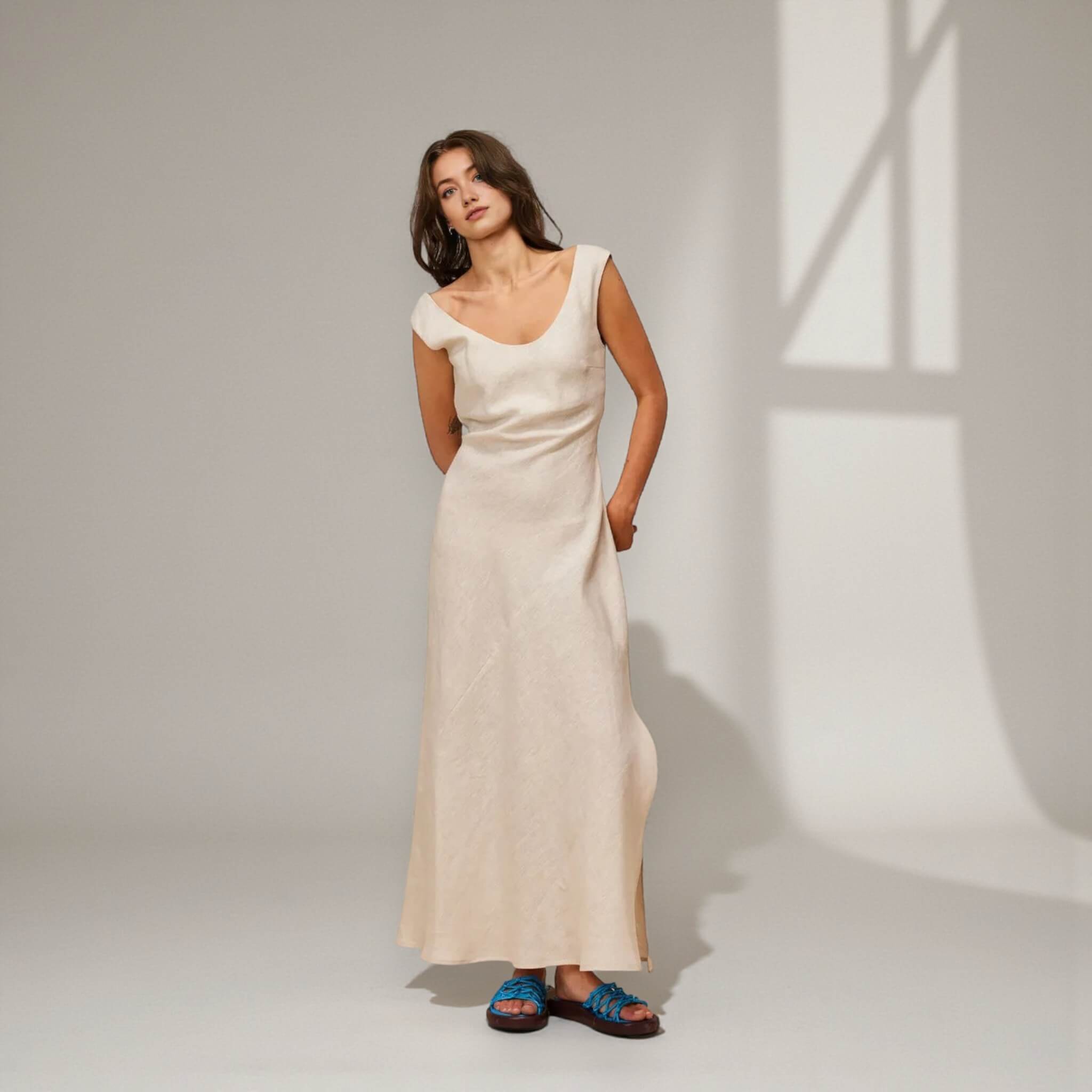 Slit Linen Maxi Dress, Scoop Neck Maxi Dress