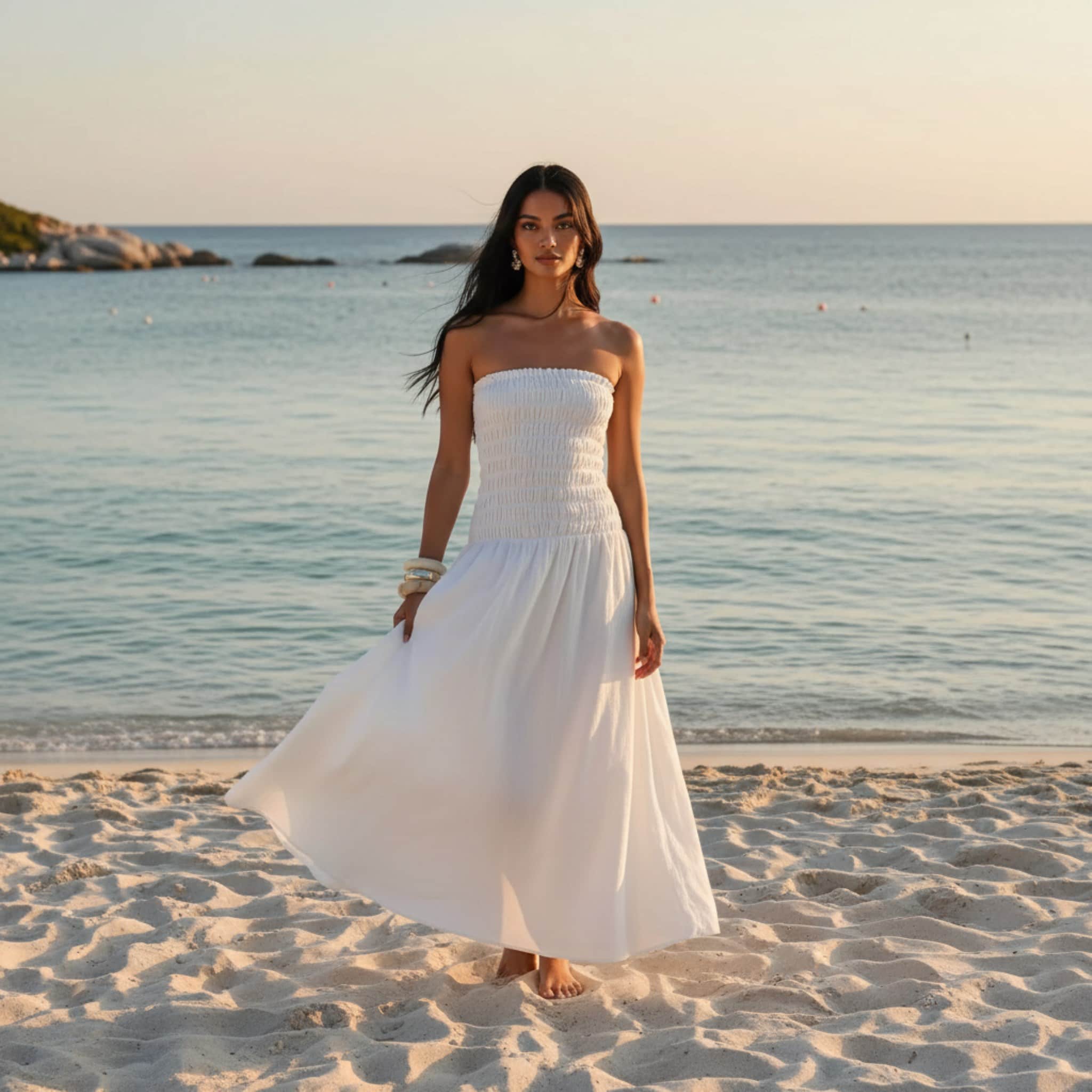 Smocked Linen Maxi Dress, Strapless Summer Linen Dress