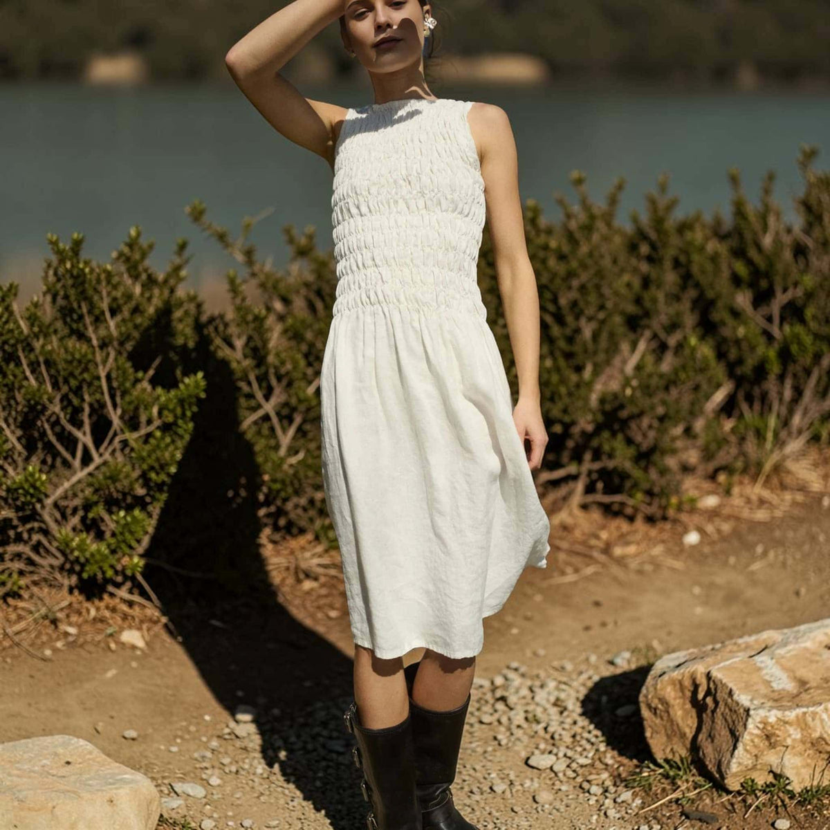 Smocked Linen Midi Dress, Sleeveless High Neck 