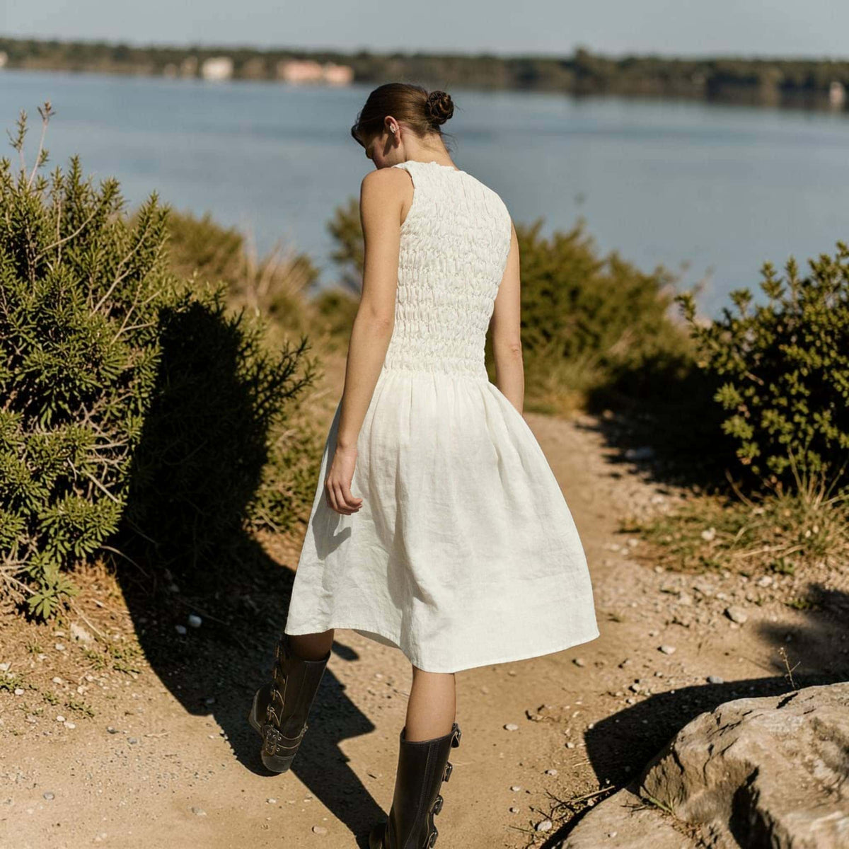 Smocked Linen Midi Dress, Sleeveless High Neck 