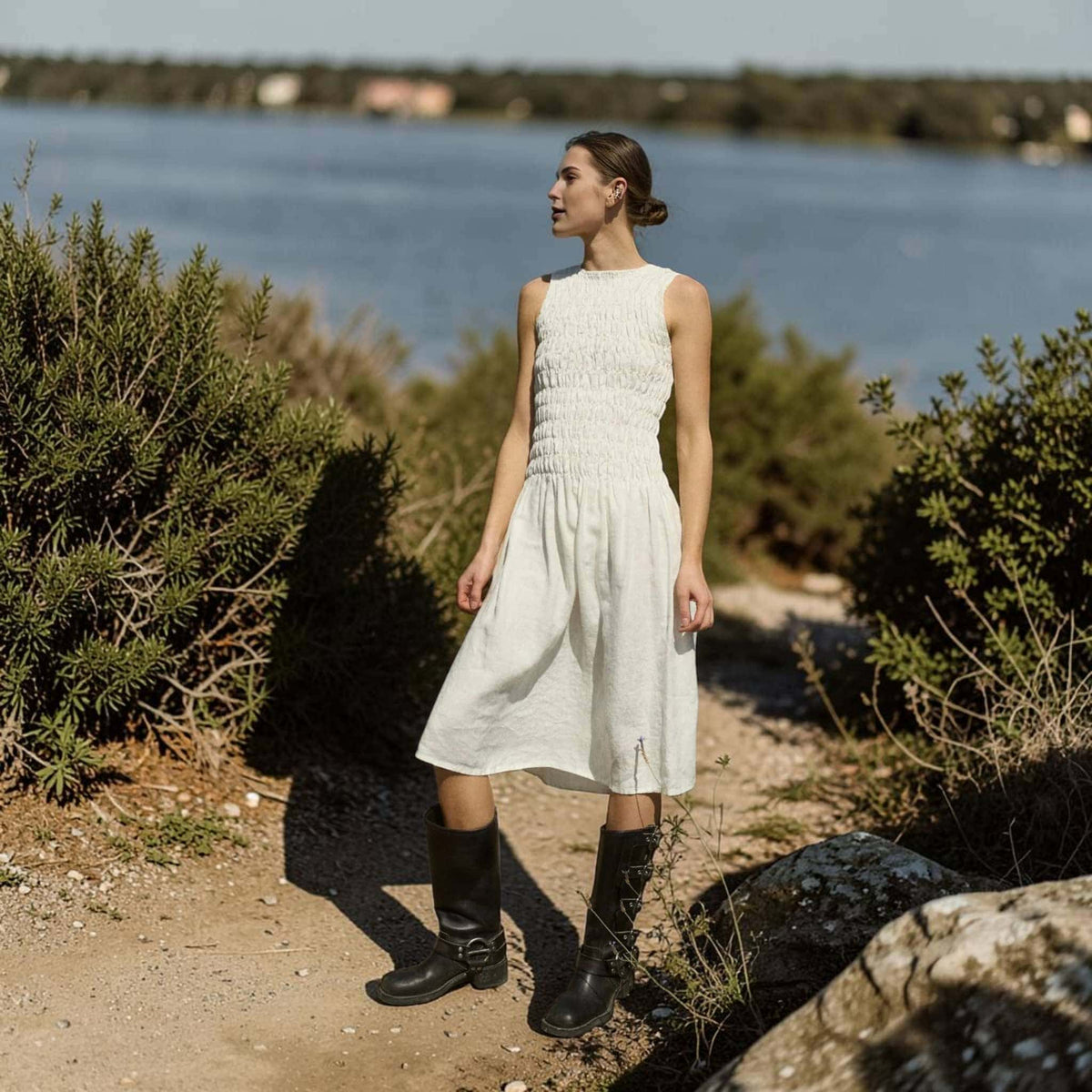 Smocked Linen Midi Dress, Sleeveless High Neck 