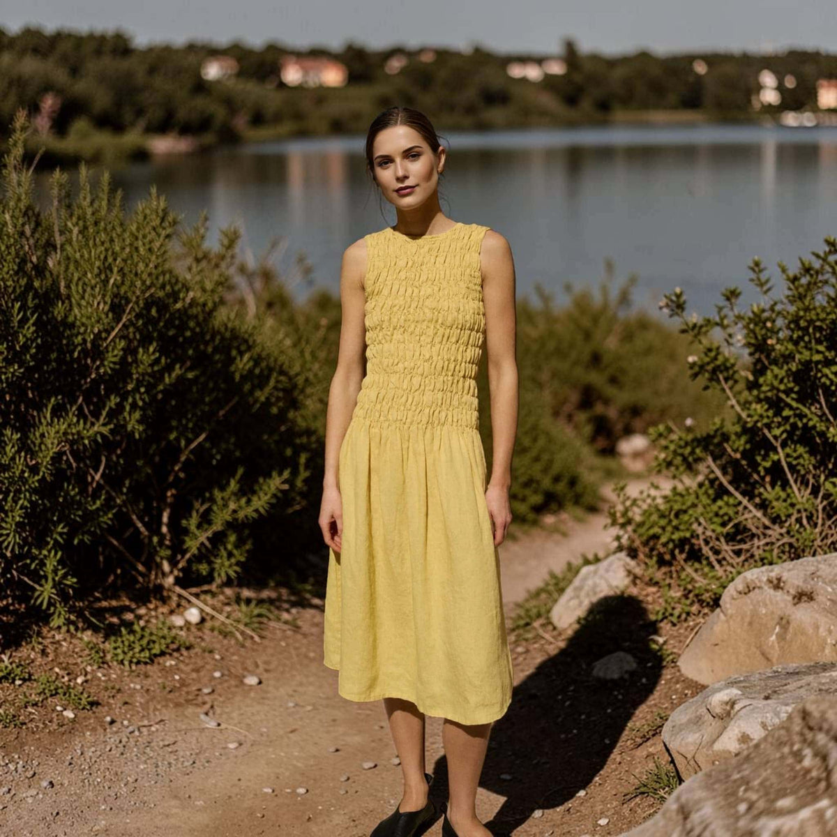 Smocked Linen Midi Dress, Sleeveless High Neck 