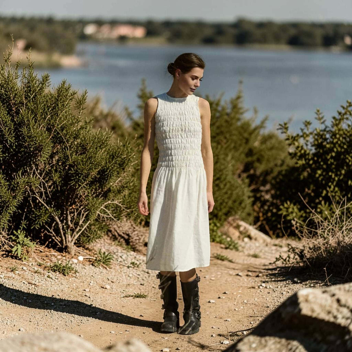 Smocked Linen Midi Dress, Sleeveless High Neck 