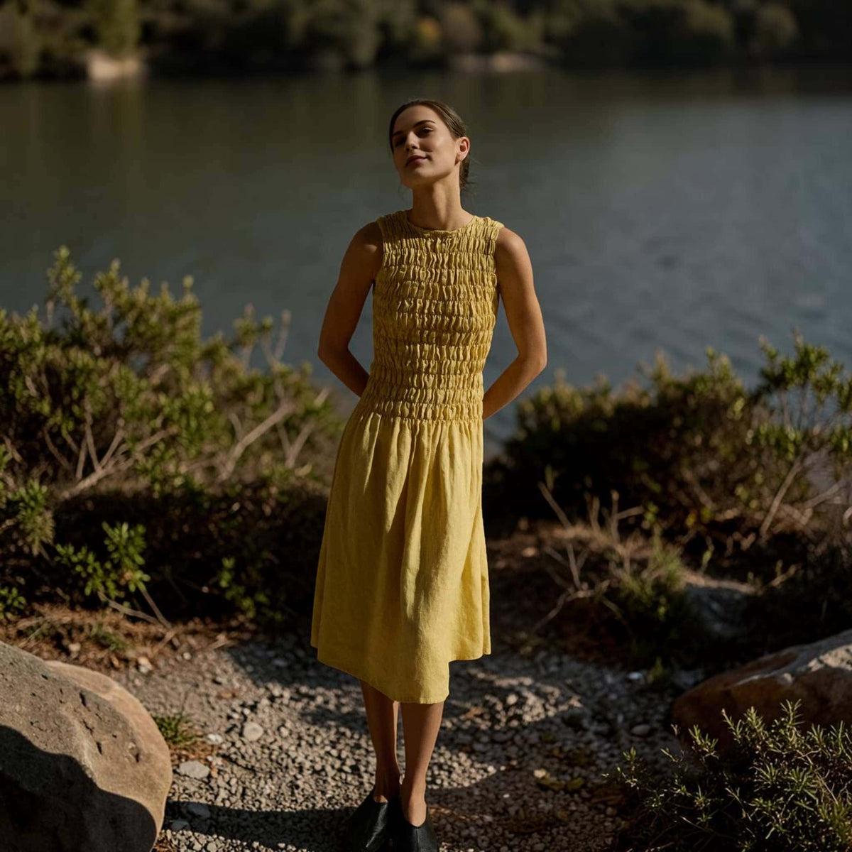 Smocked Linen Midi Dress, Sleeveless High Neck 