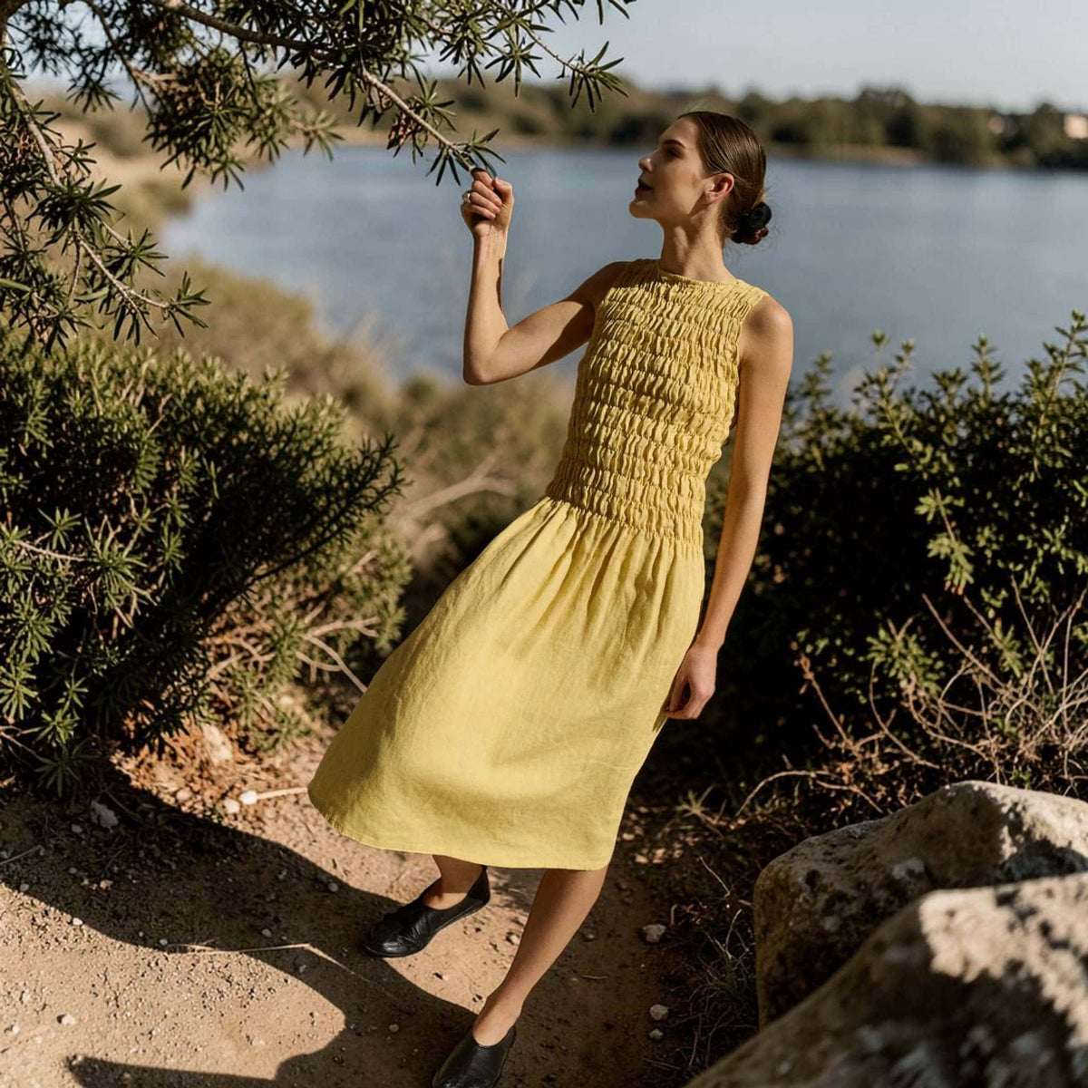 Smocked Linen Midi Dress, Sleeveless High Neck 