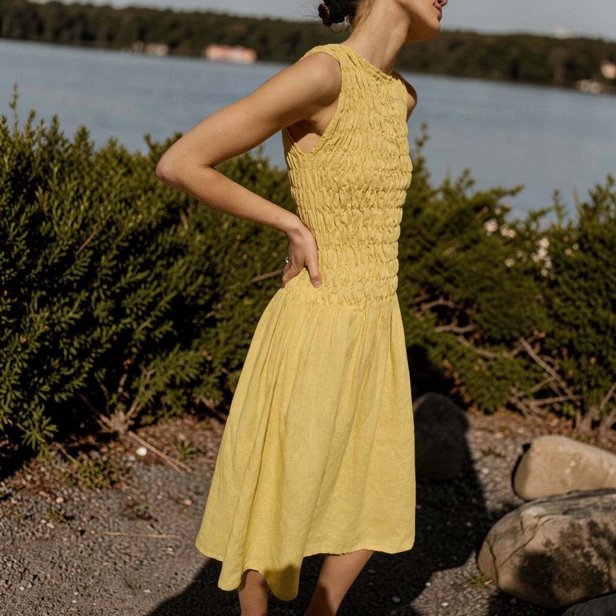 Smocked Linen Midi Dress, Sleeveless High Neck 