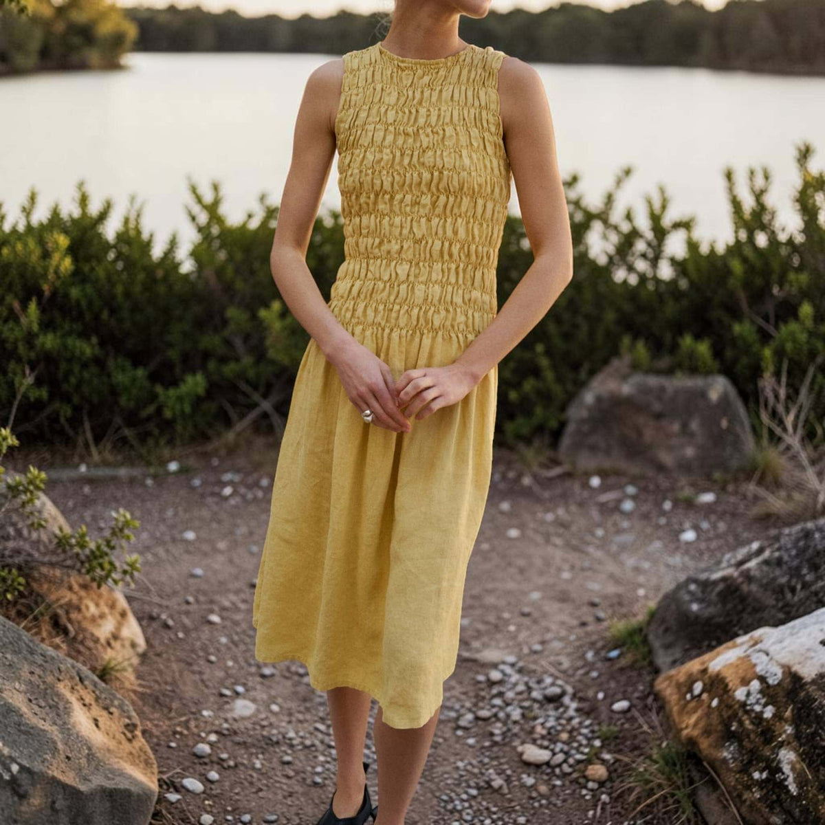 Smocked Linen Midi Dress, Sleeveless High Neck 