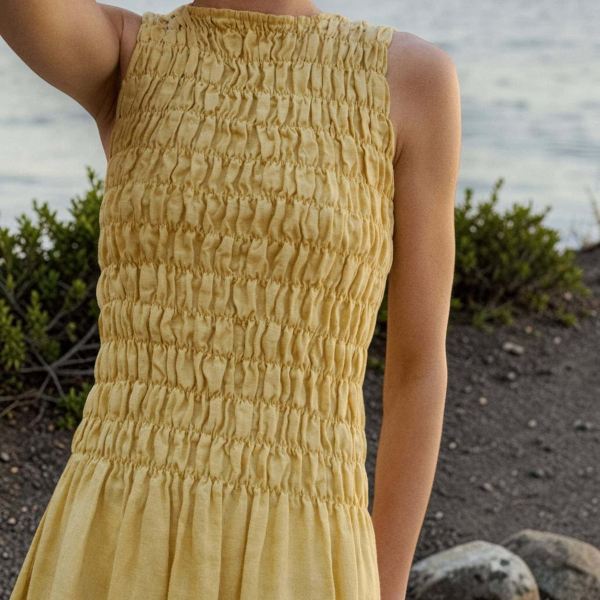 Smocked Linen Midi Dress, Sleeveless High Neck 