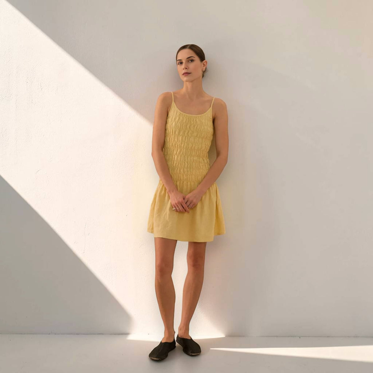 Smocked Linen Mini Dress, Scoop Neck Strap