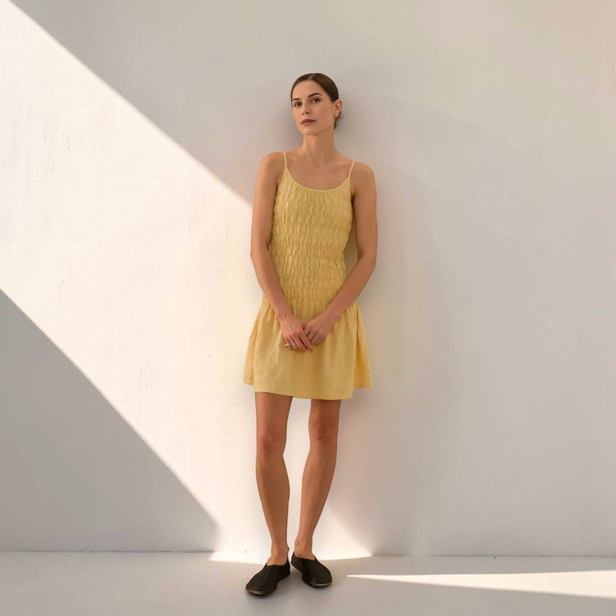 Smocked Linen Mini Dress, Scoop Neck Strap