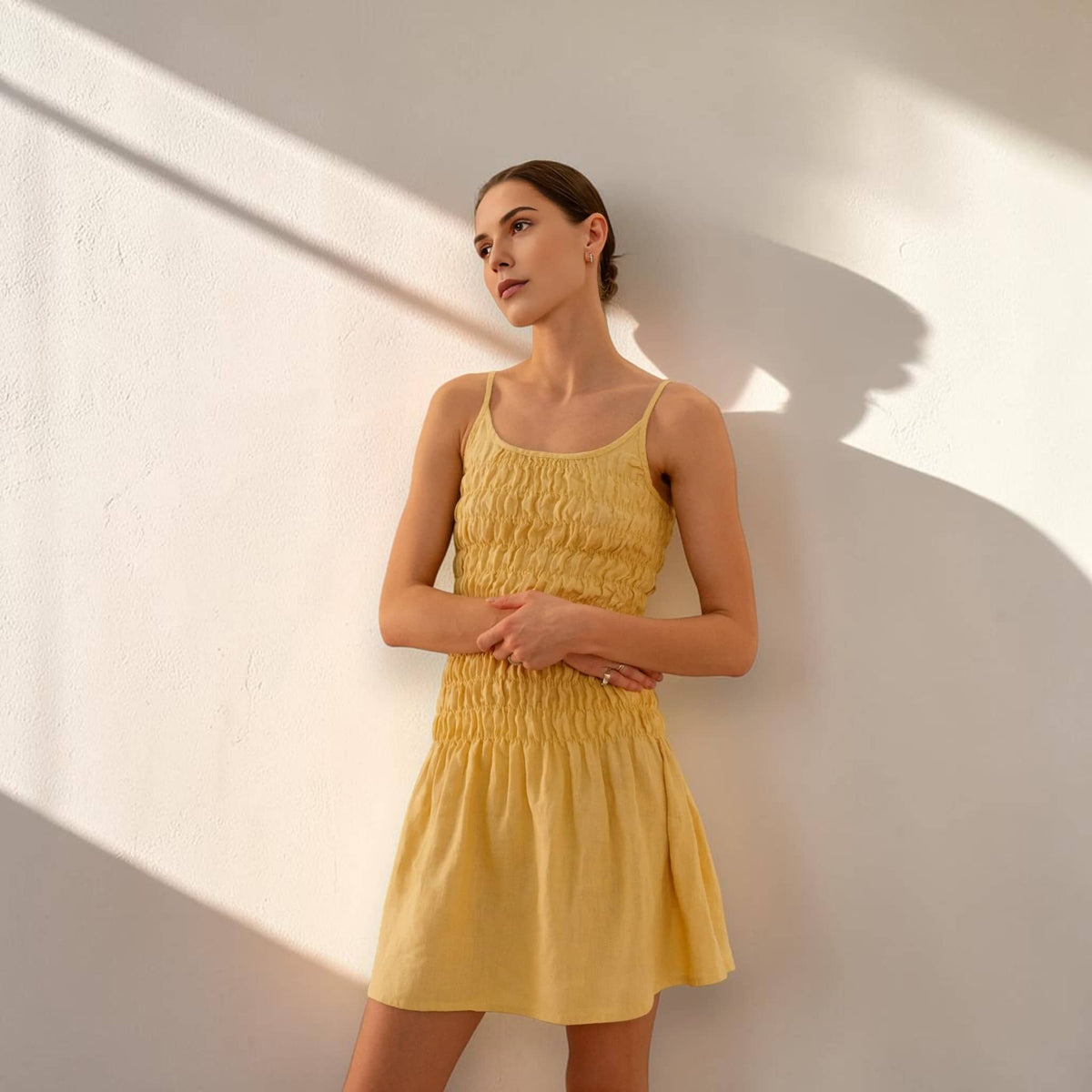 Smocked Linen Mini Dress, Scoop Neck Strap
