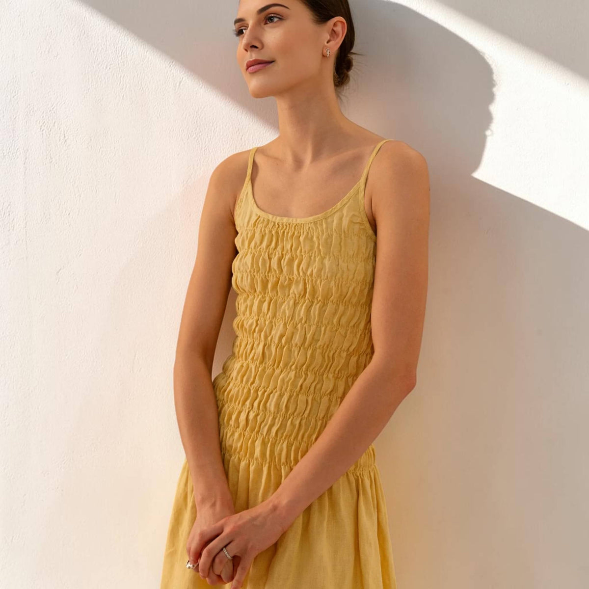 Smocked Linen Mini Dress, Scoop Neck Strap