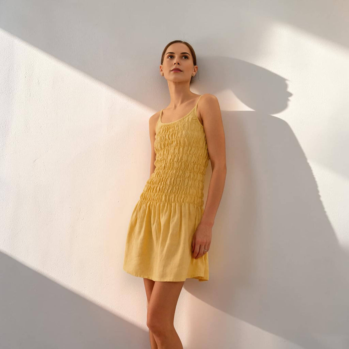 Smocked Linen Mini Dress, Scoop Neck Strap