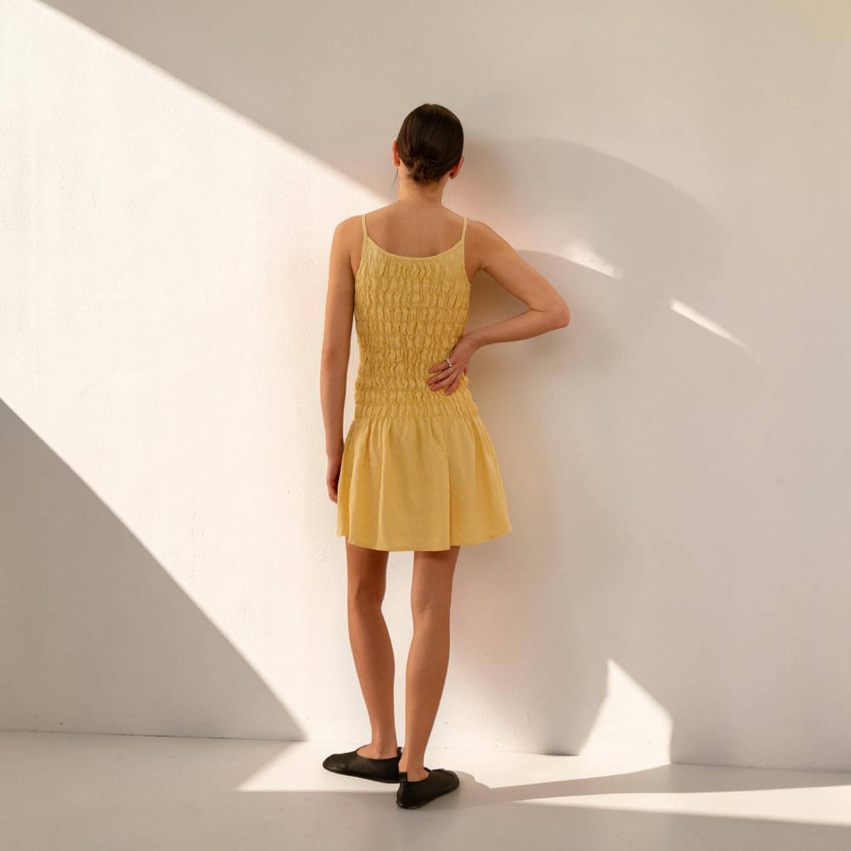 Smocked Linen Mini Dress, Scoop Neck Strap