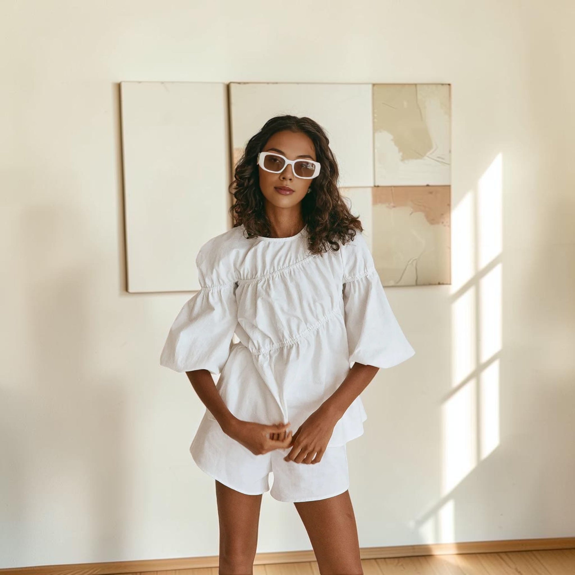 Smocked Linen Top, Gathered 3/4 Puff Sleeve