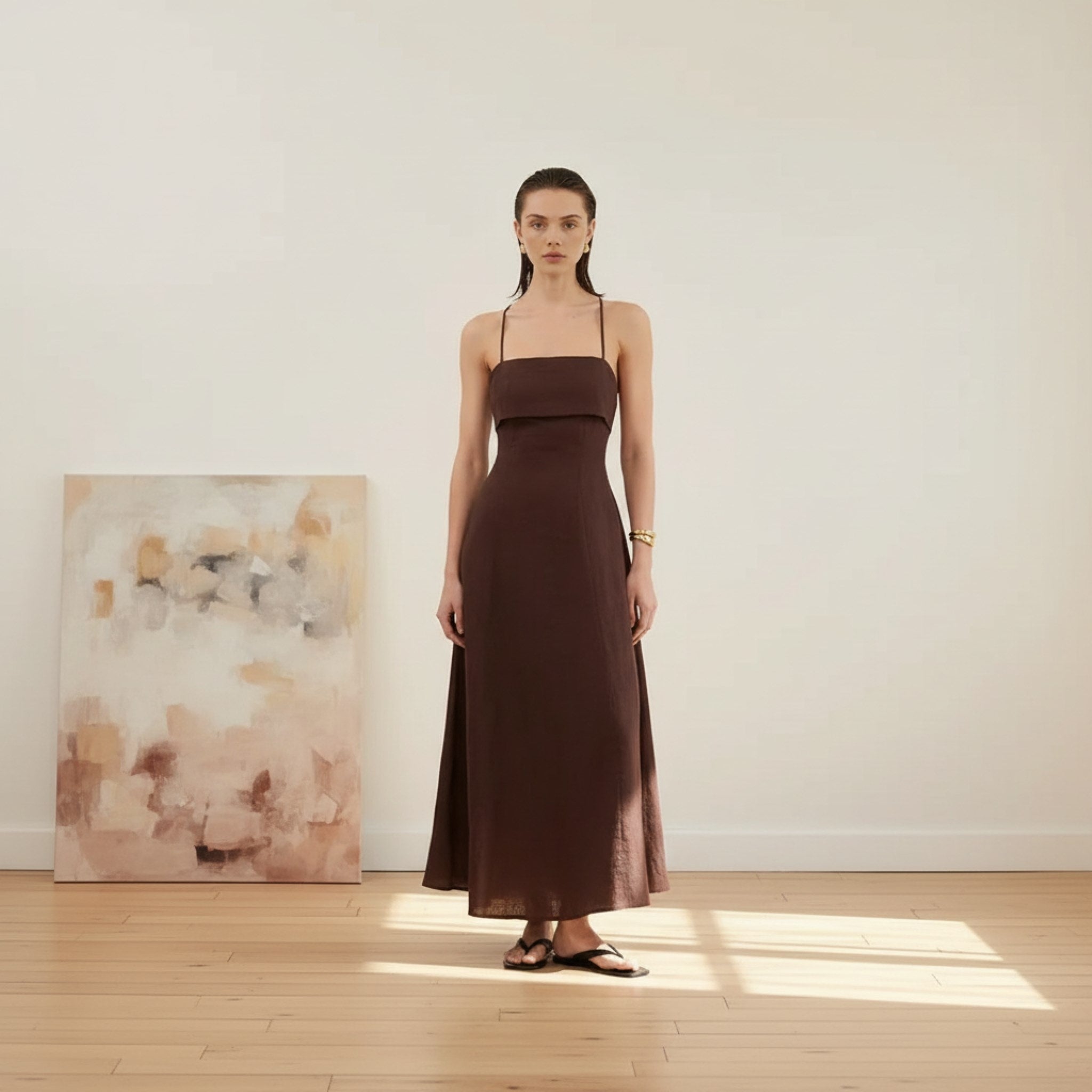 Spaghetti Strap Linen Maxi Dress, Foldover Bodice Open Back