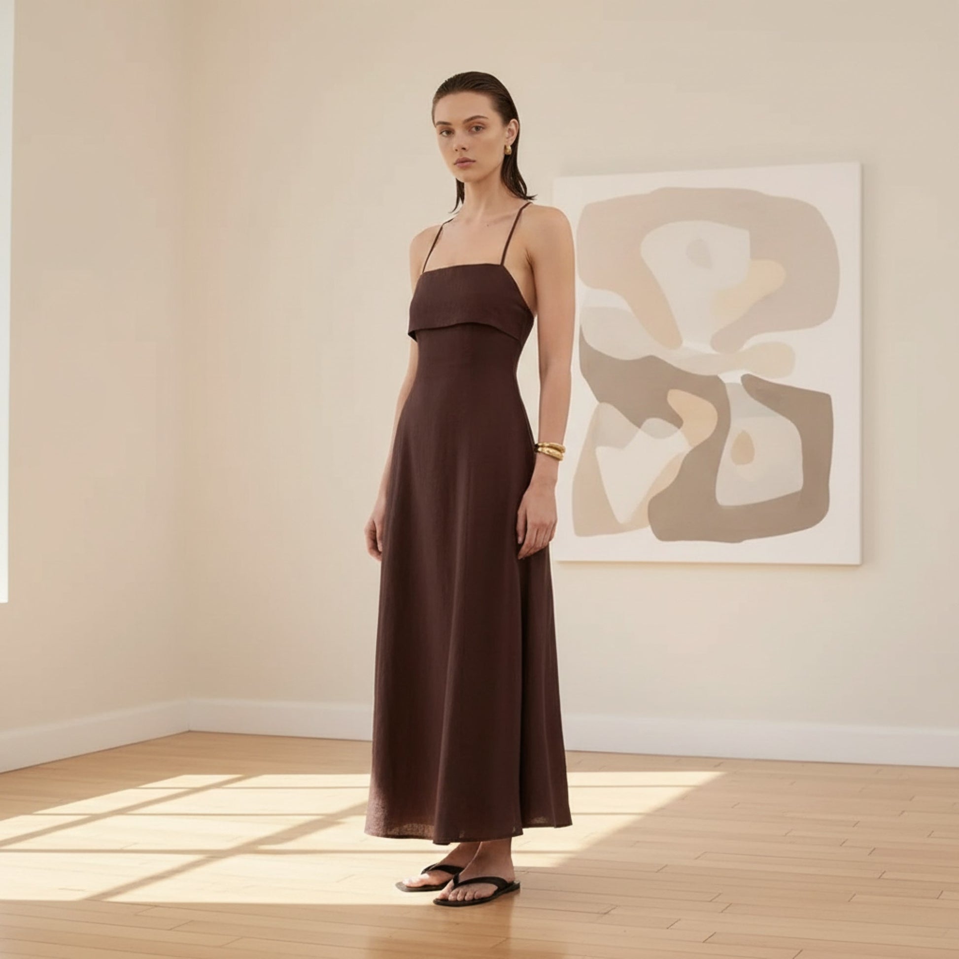 Spaghetti Strap Linen Maxi Dress, Foldover Bodice Open Back