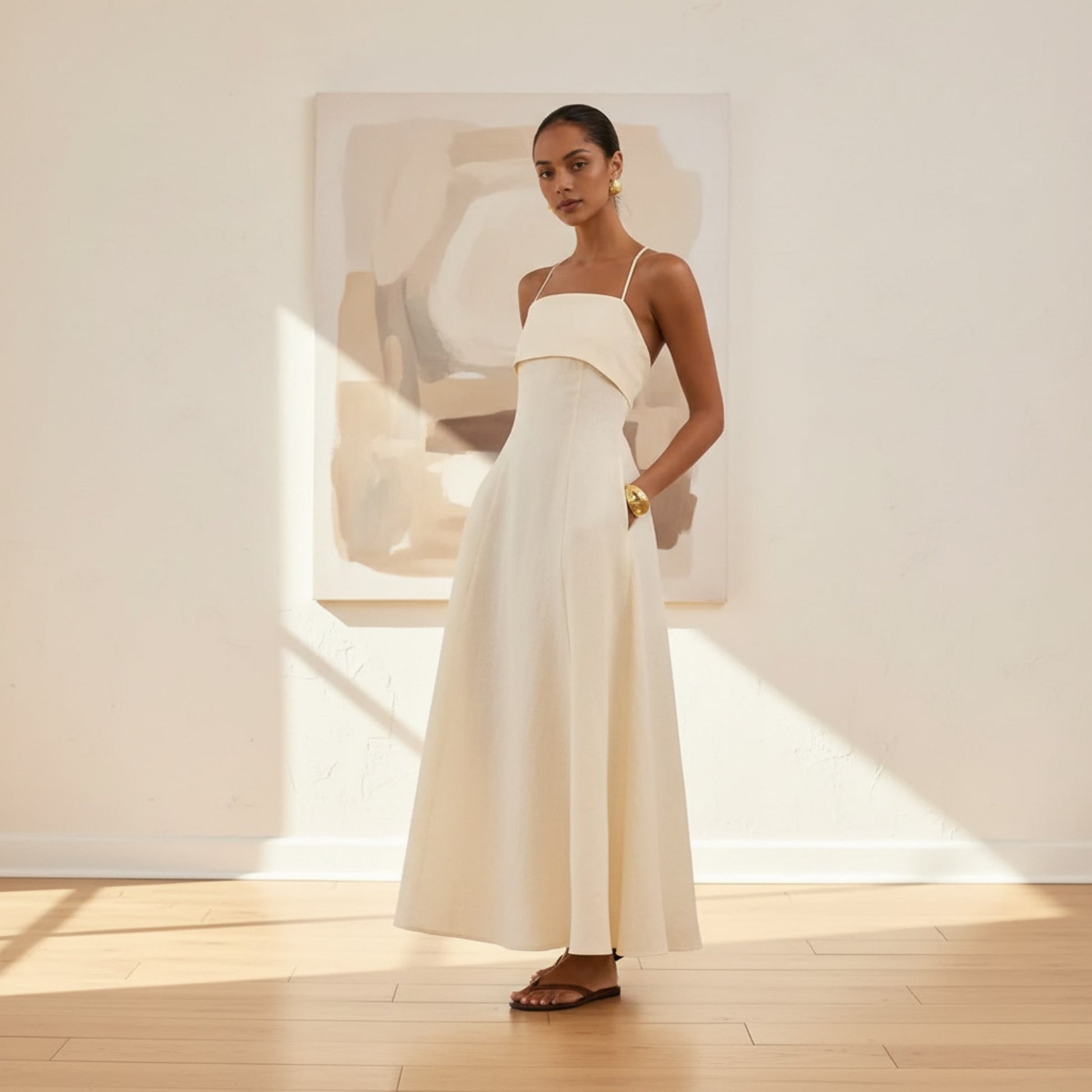 Spaghetti Strap Linen Maxi Dress, Foldover Bodice Open Back
