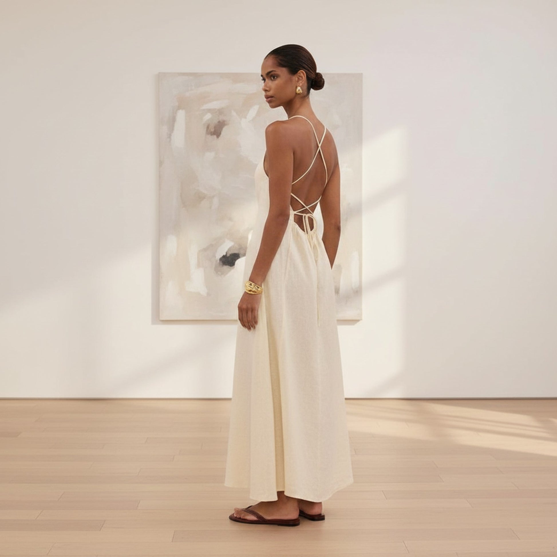 Spaghetti Strap Linen Maxi Dress, Foldover Bodice Open Back