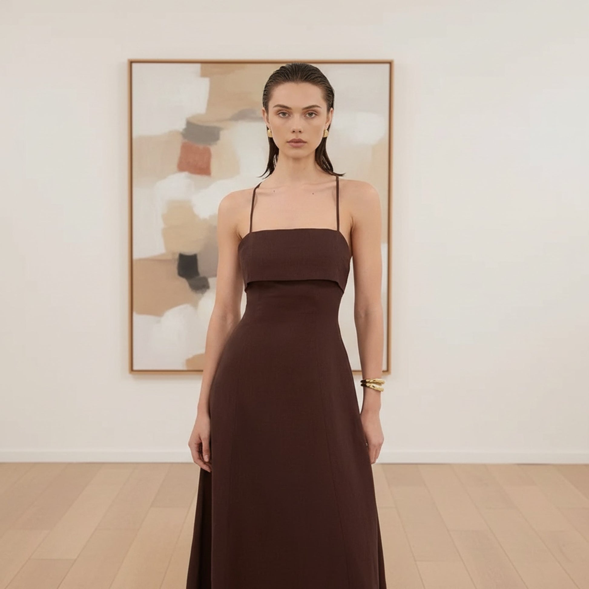 Spaghetti Strap Linen Maxi Dress, Foldover Bodice Open Back